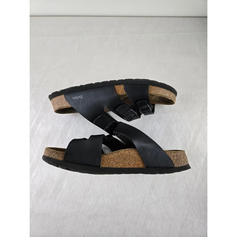 Betula Black Leather Cork Footbed Sandals Women Size39 Adjustable Buckle Comfort